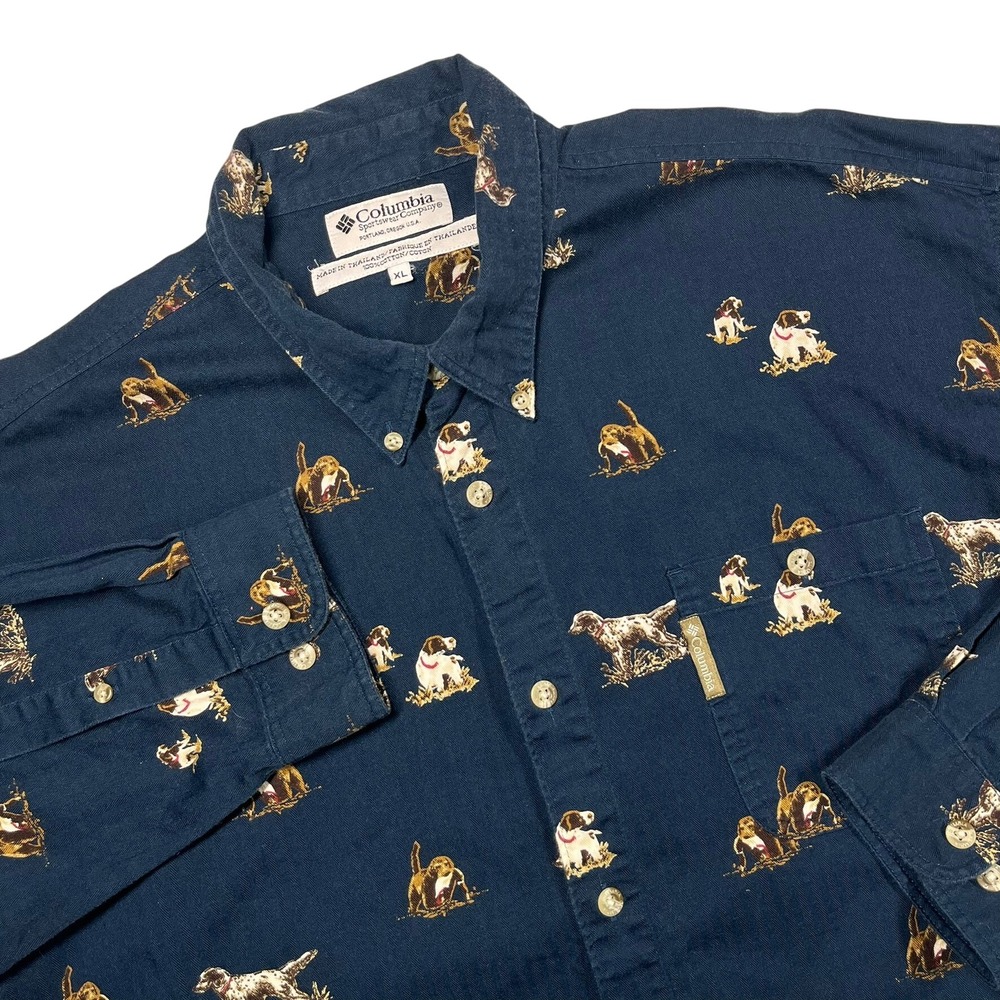Columbia Button Down Mens XL Navy Dog Print Cotton Herringbone Shirt HM7017